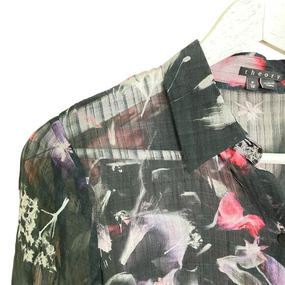Theory Women's Size TP Black Sheer Silk Blend Floral Print Button Down Shirt - Picture 4 of 7
